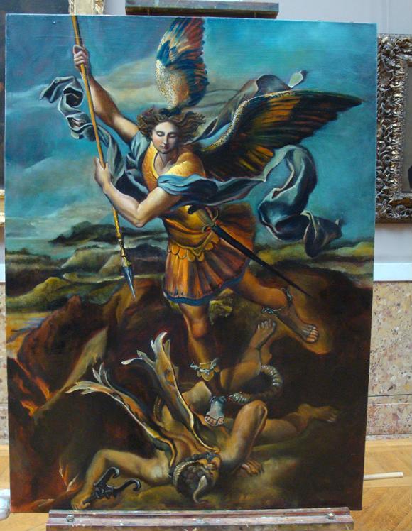 Copy from Raphael - Saint Michel slaying the dragon, oil painting on canvas, 100x73 cm
